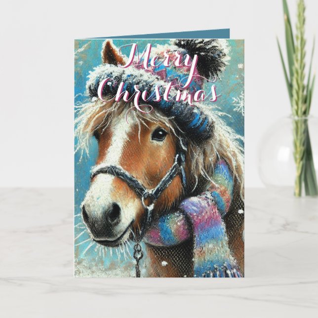 Horse Hat Scarf Snowflakes Personalized Christmas Card (Front)