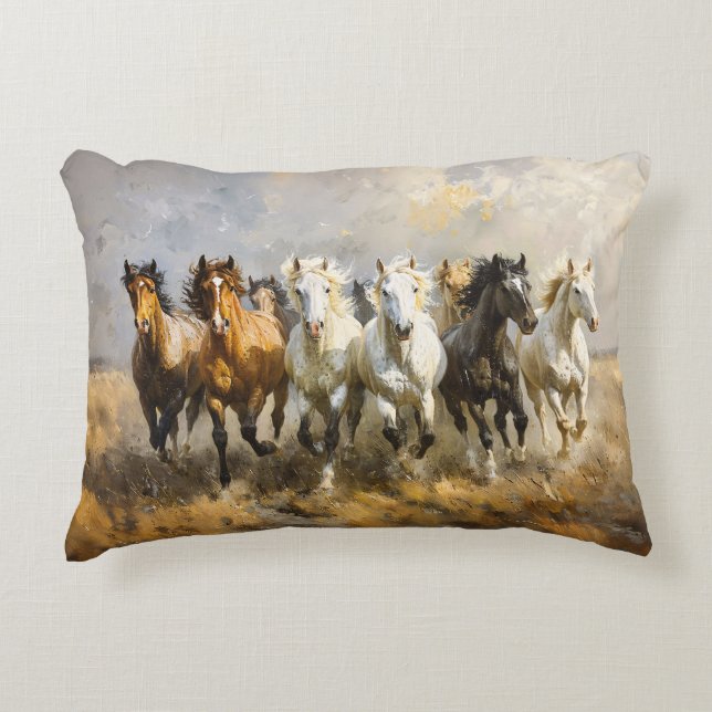 Horse Herd Galloping Mustang Painting Accent Pillow (Front)