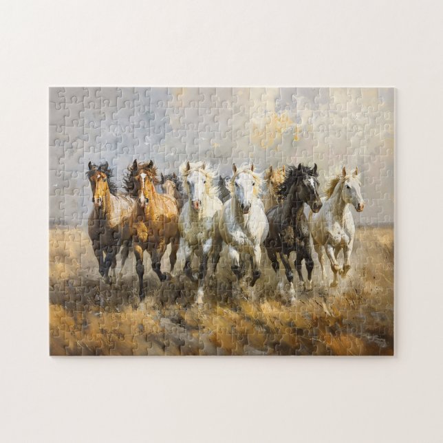 Horse Herd Galloping Mustang Painting Jigsaw Puzzle (Horizontal)