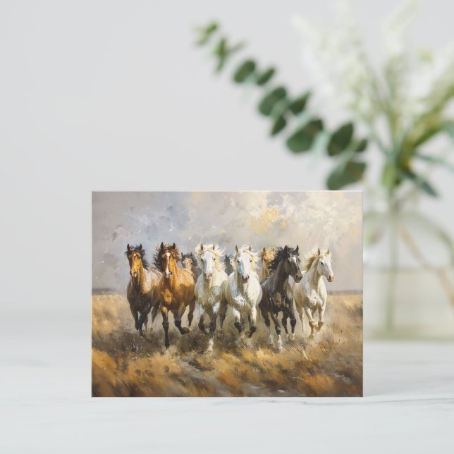 Horse Herd Galloping Mustang Painting Postcard (Standing Front)