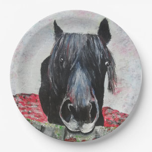 Horse in a field equestrian painting rider jigsaw  paper plate
