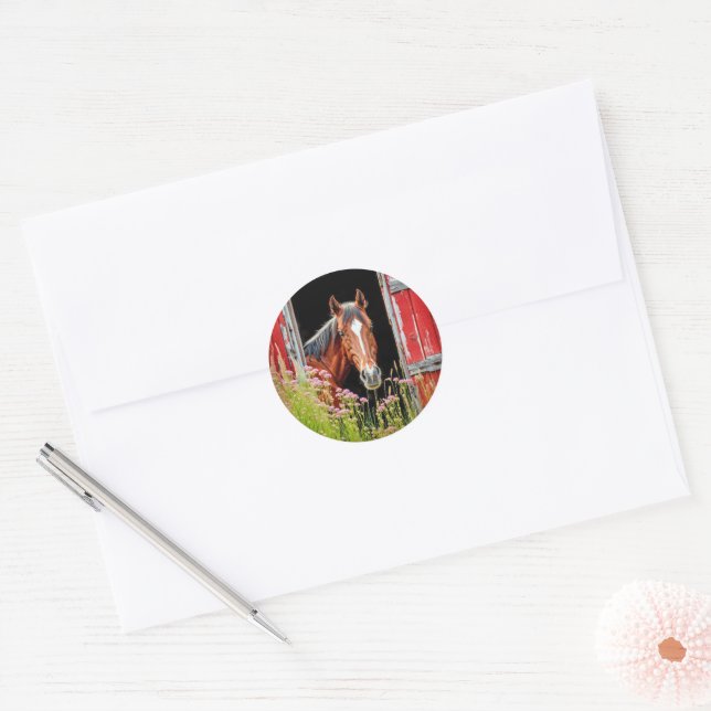 Horse In Barn Door Classic Round Sticker (Envelope)