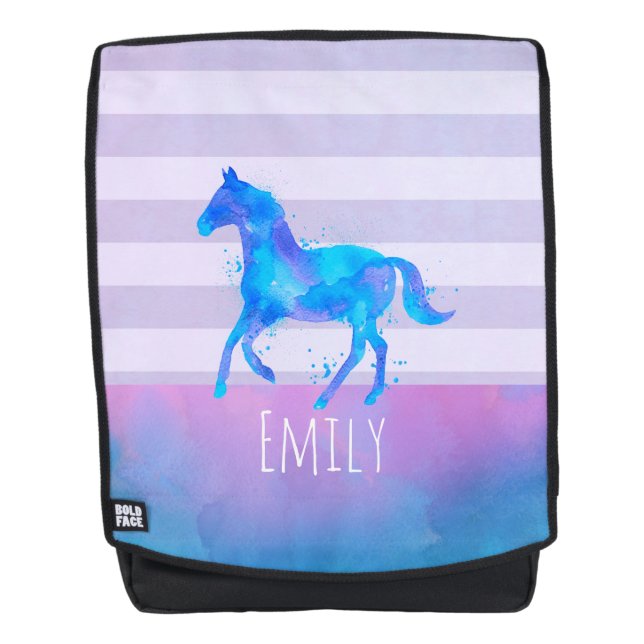 Horse in Blue and Purple Watercolor Personalized Backpack (Front)