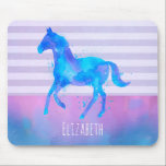 Horse in Blue and Purple Watercolor Personalized Mouse Pad<br><div class="desc">A personalized mouse pad withwith a pretty watercolor horse in blue and purple colours. Running wild and free. Set on a purple striped background with a vintage flair. A blue and pink watercolor border layered across the bottom.</div>