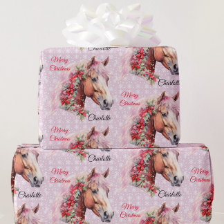 Horse In Christmas Ribbons Add Girl's Name Pink Wrapping Paper