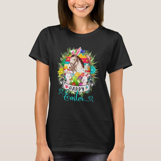 Horse In Easter Eggs Basket Cute Bunnies Happy Eas T-Shirt (Front)