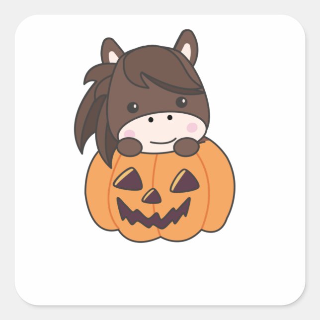 Horse In Pumpkin Sweet Horses Happy Halloween Square Sticker (Front)