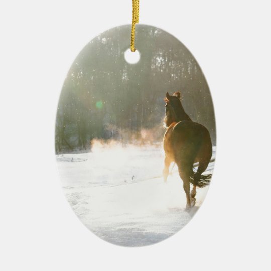 Horse in the snow ceramic ornament