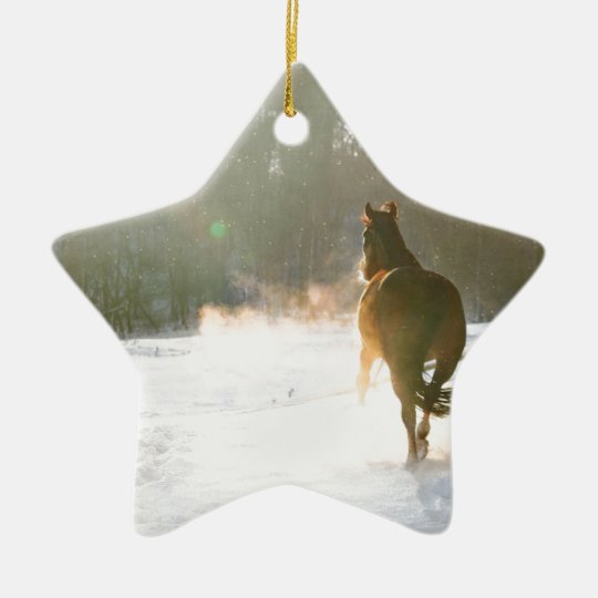 Horse in the snow ceramic ornament