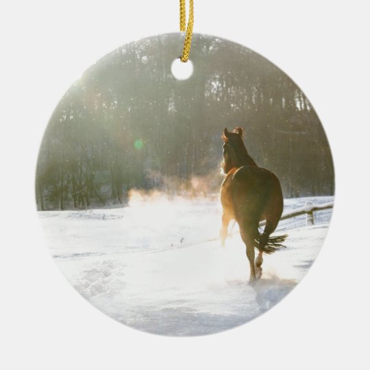 Horse in the snow ceramic ornament