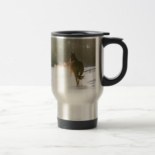 Horse in the snow travel mug