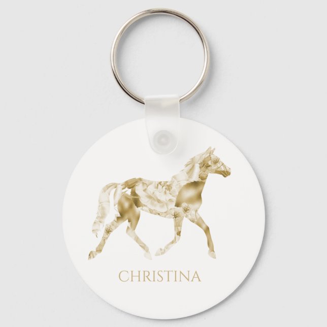 Horse Keychain Personalized Gold Floral (Front)