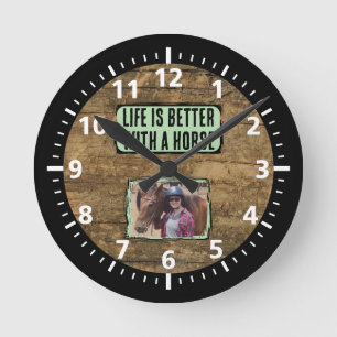 Horse lover 1 photo black green rustic round clock