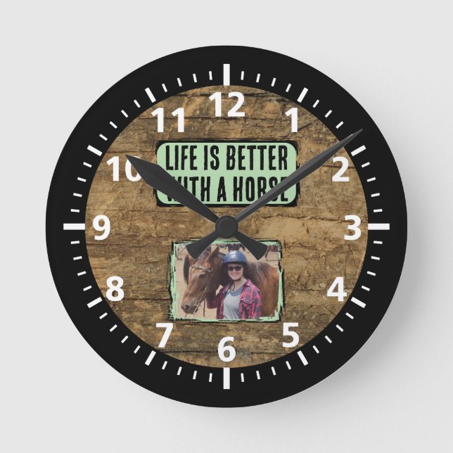 Horse lover 1 photo black green rustic round clock (Front)