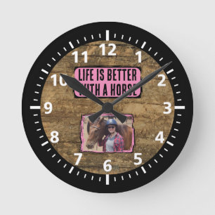 Horse lover 1 photo black pink rustic round clock