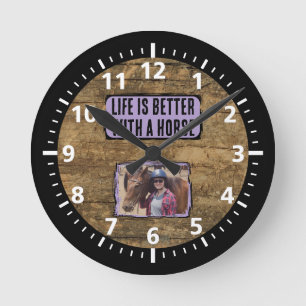 Horse lover 1 photo black purple rustic round clock