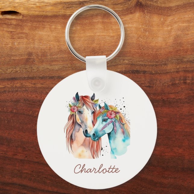 Horse Lover Equestrian Custom Kids Watercolor Keychain (Front)