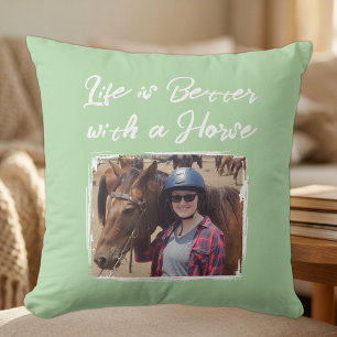Horse lover photo pink green throw pillow