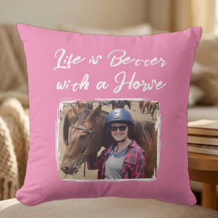 Horse lover photo pink white throw pillow