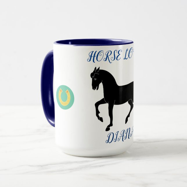 Horse Lover two toned mug with personalized name. (Front Left)
