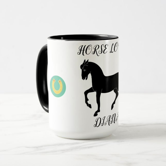 Horse Lover two toned mug with personalized name. (Front Left)