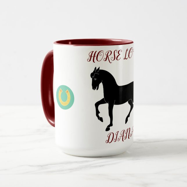 Horse Lover two toned mug with personalized name. (Front Left)