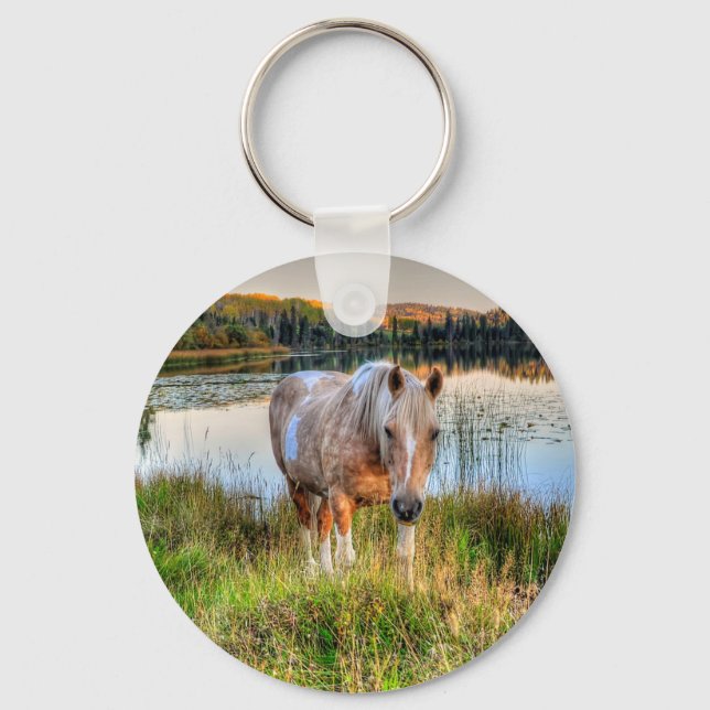 Horse-lover's Palomino Pinto Stallion Equine Photo Keychain (Front)