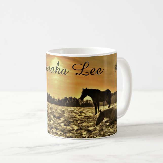 Horse Lovers Personalized with name Rustic Sunset Coffee Mug (Front Right)
