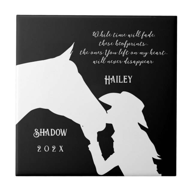 Horse memorial quote black hoofprints tile (Front)