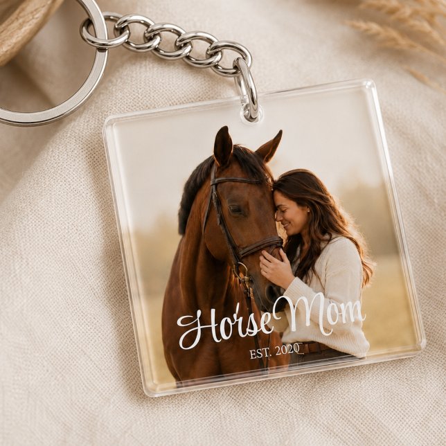 Horse Mom Established Modern Script Photo Keychain (Creator Uploaded)