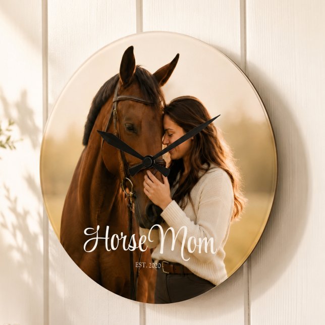 Horse Mom Established Modern White Script Photo Large Clock (Creator Uploaded)