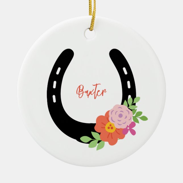 Horse NAME Memorial PHOTO Horseshoe Keepsake Ceramic Ornament (Front)