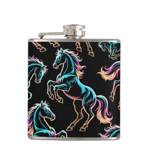 Horse Neon Light Glitch Retro Style Hip Flask