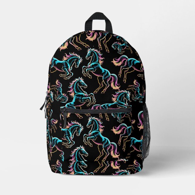 Horse Neon Light Glitch Retro Style Printed Backpack (Front)