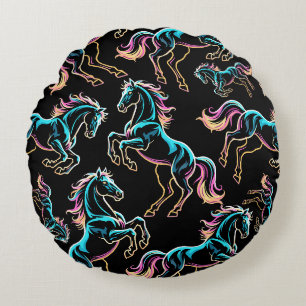 Horse Neon Light Glitch Retro Style Round Pillow