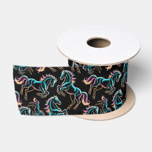 Horse Neon Light Glitch Retro Style Satin Ribbon