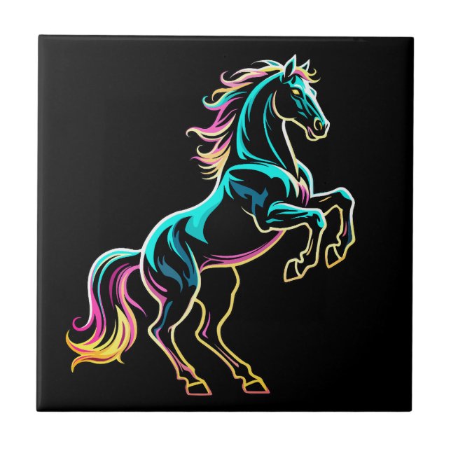 Horse Neon Light Glitch Retro Style Tile (Front)
