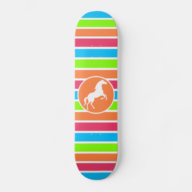 Horse; Neon Orange Pink Blue Green Stripes Skateboard (Front)