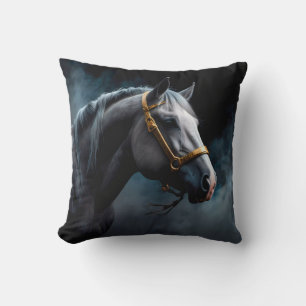 Horse on a black backgroung with blue tints throw pillow