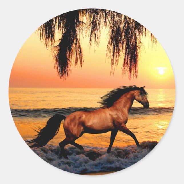 Horse on beach at sunset classic round sticker (Front)