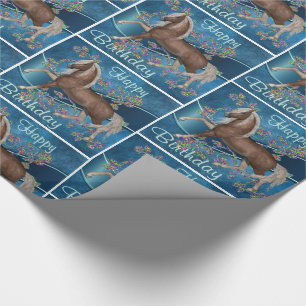 Horse On Blue With Glitter Print Flowers Happy Bir Wrapping Paper