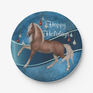 Horse On Blue With Ornaments Holiday Plates