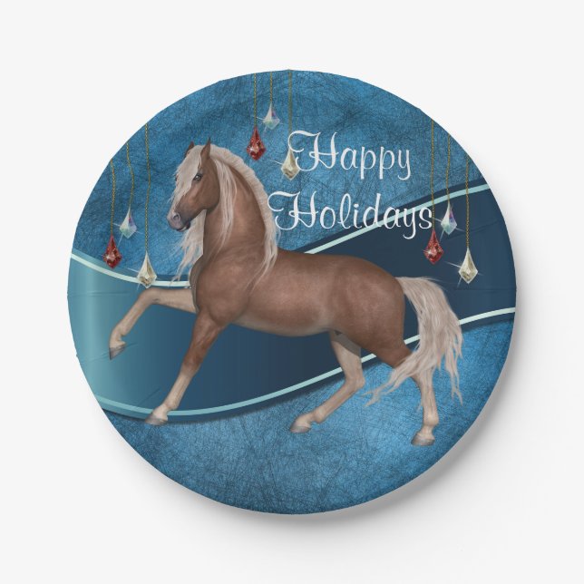 Horse On Blue With Ornaments Holiday Plates (Front)