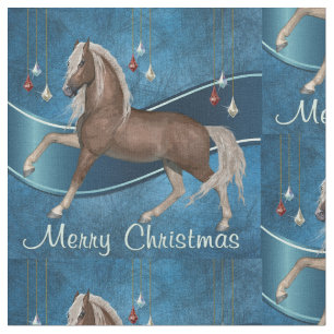 Horse On Blue with Ornaments Merry Christmas Fabric