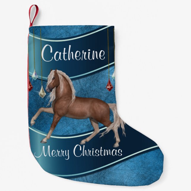 Horse On Blue With Ornaments Merry Christmas Small Christmas Stocking (Front)