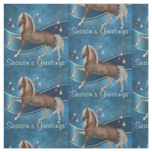 Horse On Blue with Ornaments Season's Greetings Fabric