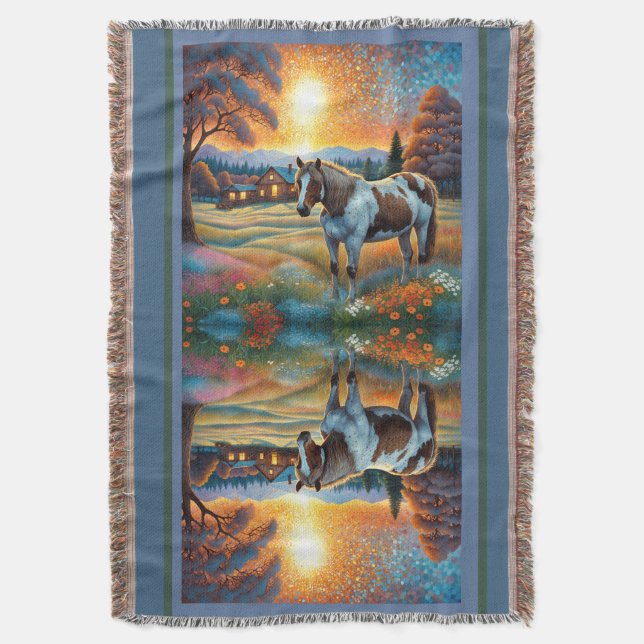Horse on Farm Wildflower Meadow Throw Blanket (Front Vertical)
