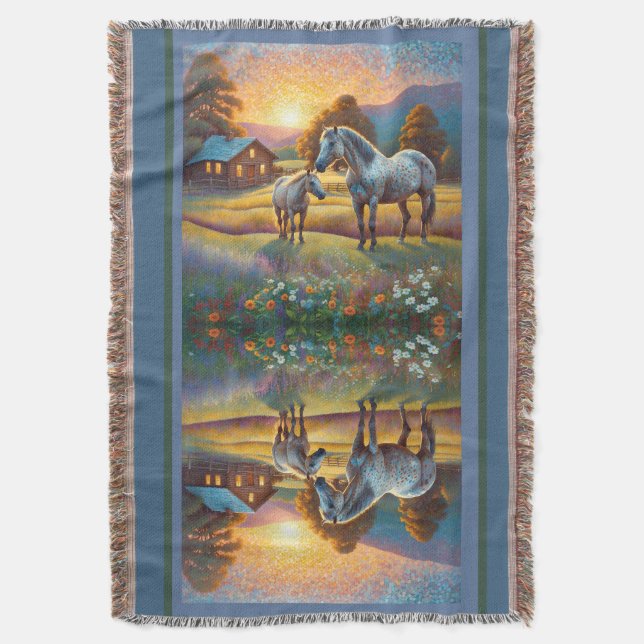Horse on Farm Wildflower Meadow Throw Blanket (Front Vertical)