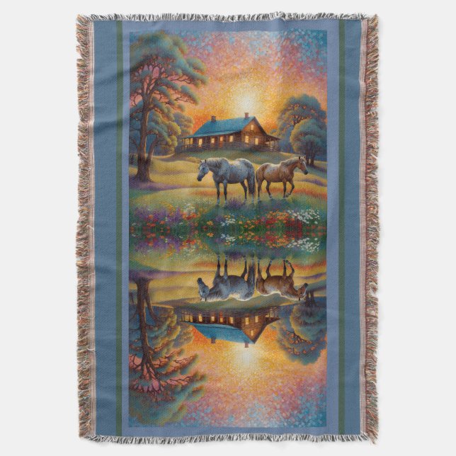 Horse on Farm Wildflower Meadow Throw Blanket (Front Vertical)