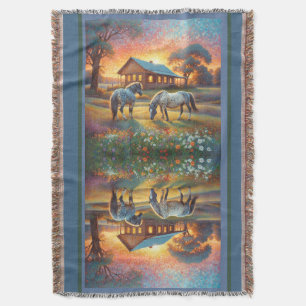 Horse on Farm Wildflower Meadow Throw Blanket